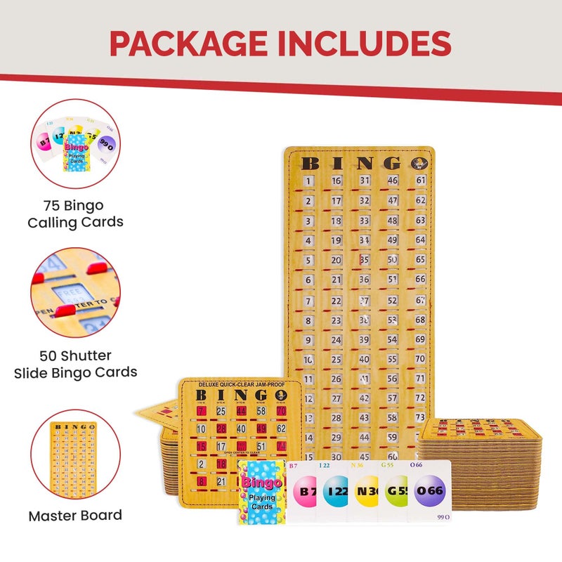 MR CHIPS Jam-Proof Bingo Cards with Sliding Windows, 50 Reusable Shutter Cards, 75 Calling Cards 1 Master Board in Woodgrain Style - Image 3